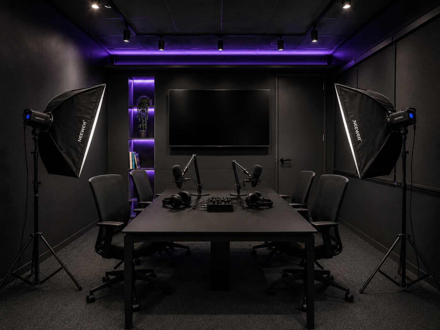 Sala imersiva com estúdio de podcast, microfones profissionais e iluminação roxa